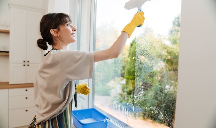 woman cleaning window