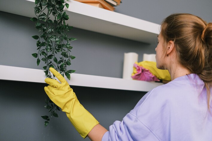 domestic cleaner in Manchester dusting 