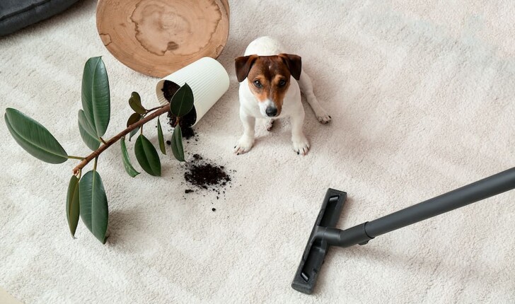 Vacuum cleaning plant pot mess caused by dog