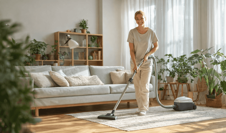 Eine professionelle Reinigungskraft saugt den Teppich in einem hellen Wohnzimmer.