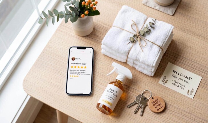 Gefaltete Handtücher, Reinigungsspray, Schlüssel und Willkommenskarte auf einem Holztisch, auf einem Handy wurde die Airbnb Reinigung mit 5 Sternen bewertet