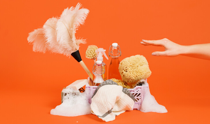 A domestic help reaching out for cleaning supplies.