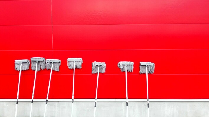 mops standing against a red wall