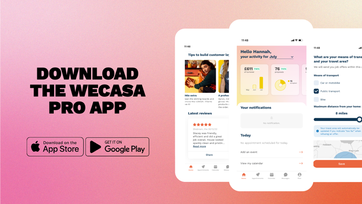 Images of the Wecasa Pro app interface. Application available on the App Store and Google Play.